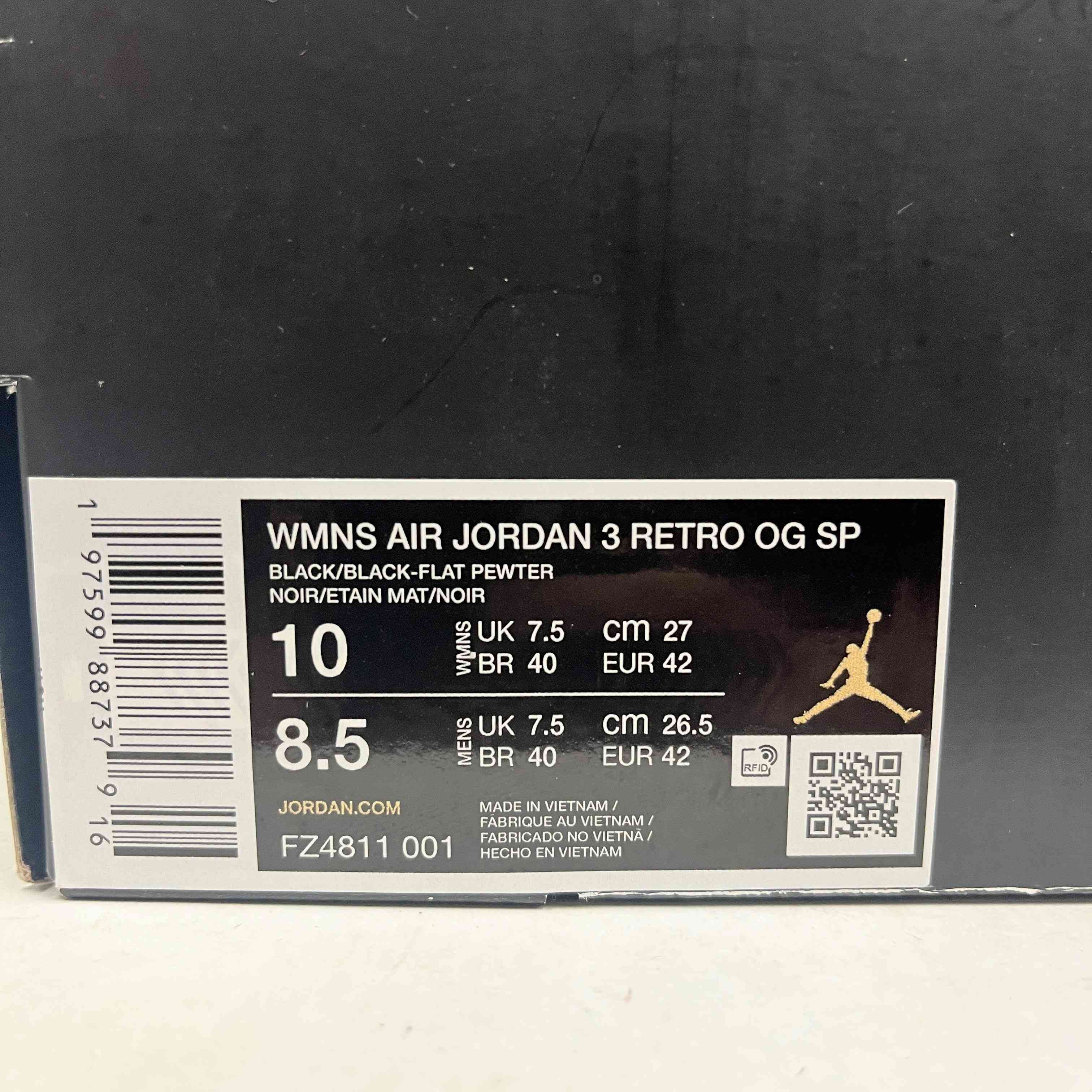 【US10】 W AIR JORDAN 3 RETRO OG SP A MA MANIERE FZ4811-001 【USED】