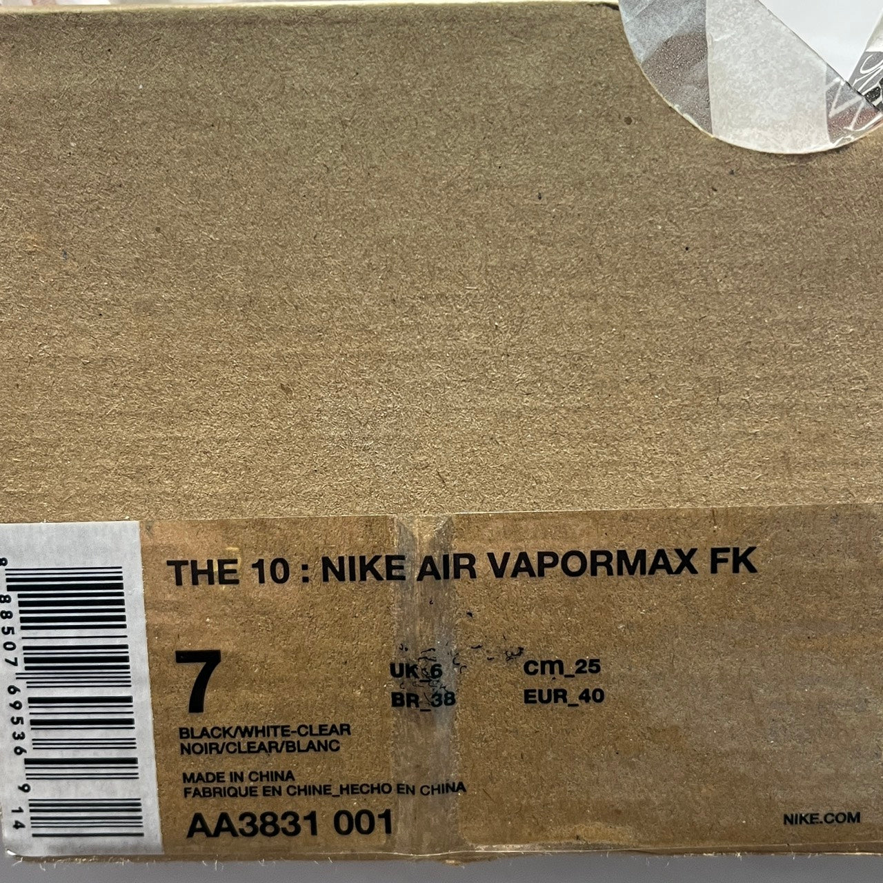 【US7】 NIKE THE 10 : AIR VAPORMAX FK AA3831-001 【USED】